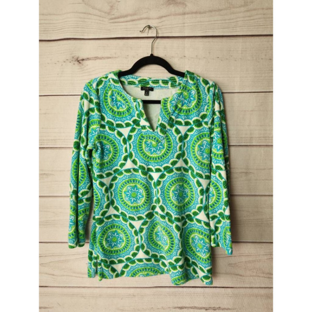 Talbots Womens Tunic Top Green Multicolor Geometric Long‎ Sleeve Terry Boho S